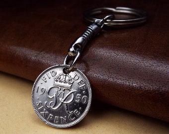 70th Birthday Gift SK01 1950 Lucky Sixpence & Tree Of Life Two Sided Keyring 