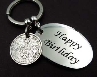 1963 Sixpence Keyring HAPPY BIRTHDAY 61st Birthday Gift Lucky British Birth Year Keepsake Antique Vintage Coin Keychain Him Her Men Women