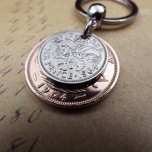 Original 1964 British Sixpence Ha'penny Double Coin Keyring 60th Birthday Gift Small Sentimental Birth Year Keepsake Him Her Men Women UK image 3