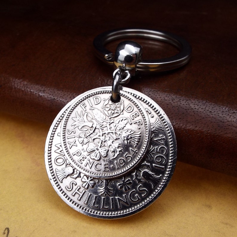 1954 'Two And Six' Double Coins Keychain 70th Birthday Gift 2 Shillings and Sixpence Small Sentimental Keepsake Idea Men Women Him Her UK image 1