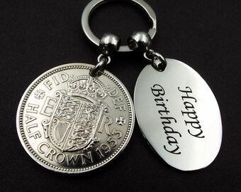 HAPPY BIRTHDAY 1953 Half Crown British Coin Keyring 73rd Birthday Gift Vintage Antique