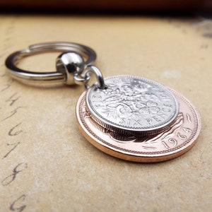 Original 1964 British Sixpence Ha'penny Double Coin Keyring 60th Birthday Gift Small Sentimental Birth Year Keepsake Him Her Men Women UK image 7