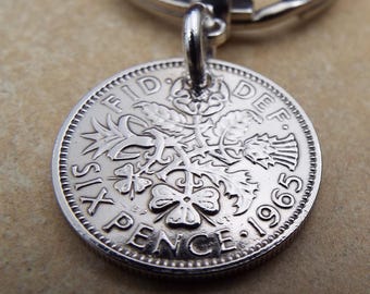 1965 60th Birthday Sixpence Coin Keyring - Genuine Pre-Decimal Silver Sixpence, Drilled