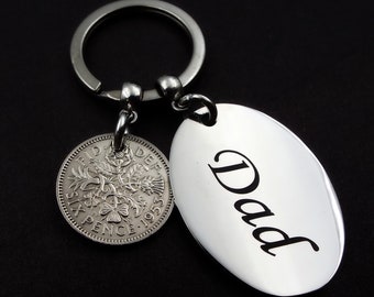 71st Birthday Gift DAD 1953 Lucky Sixpence British Coin Keyring Upcycled Recycled UK Keepsake Keychain For Him Men Fathers Day Present Idea