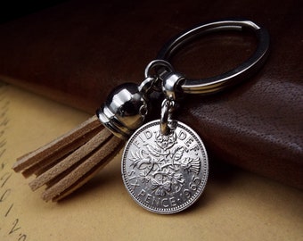 59th Birthday Gift 1965 British Sixpence Beige Tassel Coin Keyring Birth Year Keepsake Keychain