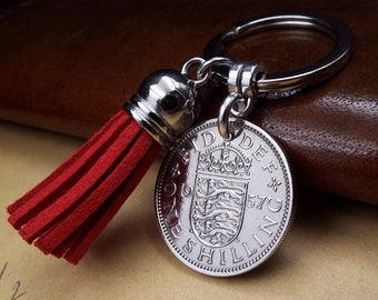 1957 English Shilling Tassel Choice Coin Keyring 67th Birthday Gift Birth Year Metal Keychain Anniversary Keepsake Idea Men Women Him Her UK