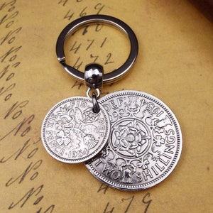 1954 'Two And Six' Double Coins Keychain 70th Birthday Gift 2 Shillings and Sixpence Small Sentimental Keepsake Idea Men Women Him Her UK image 3