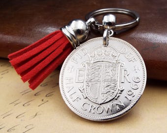 1966 British Half Crown Red Tassel Coin Keyring Birth Year Keepsake Keychain Coin  60th birthday gift Ideas For Men and Women