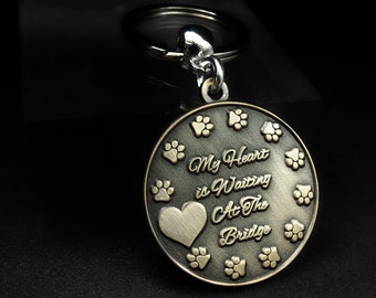 Pet Loss Bereavement Memorial Rainbow Bridge Keyring 'My Heart Is Waiting At The Bridge' Dog Cat Grief Gift Keepsake Raised Paw Prints UK