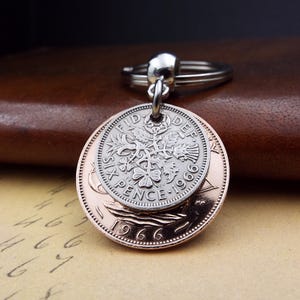 Original 1966 British Sixpence Ha'penny Double Coin Keyring 60th Birthday Gift Small Sentimental Birth Year Keepsake Him Her Men Women UK