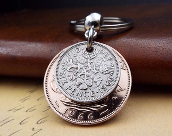 Original 1966 British Sixpence Ha'penny Double Coin Keyring 60th Birthday Gift Small Sentimental Birth Year Keepsake Him Her Men Women UK