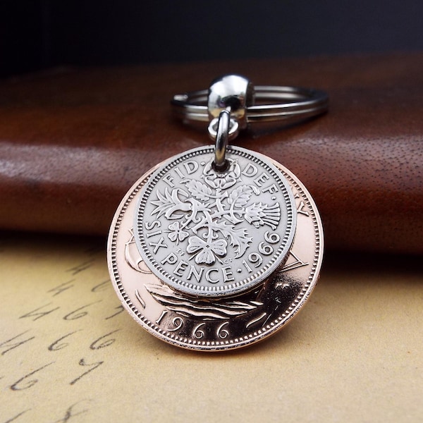 Original 1966 British Sixpence Ha'penny Double Coin Keyring 60th Birthday Gift Small Sentimental Birth Year Keepsake Him Her Men Women UK
