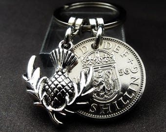 1956 SCOTTISH Shilling Coin Thistle Keyring 70th Birthday Gift Small Keepsake Anniversary Present Retirement Scotland Souvenir Men Women