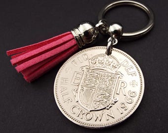 1966 British Half Crown Pink Tassel Coin Keyring  60th birthday gift  Birth Year Keepsake