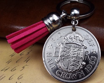 1963 Half Crown PINK Tassel Coin Keyring 63rd Birthday Gift Vintage Birth Year Anniversary Keepsake British Antique Keyfob Men Women Him Her