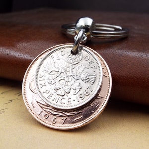 Original 1967 British Sixpence Ha'penny Double Coin Keyring 57th Birthday Gift Vintage Collectable Birth Year Keepsake Him Her Men Women UK
