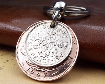 1967 Sixpence Ha'penny Keyring Genuine Coin 59th Birthday Gift