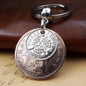 Porte-clés double pièces 3 pence Ha'penny britannique 1934 Royaume-Uni 90e anniversaire cadeau souvenir d'anniversaire porte-clés pour homme femme lui-même recyclage recyclage image 1