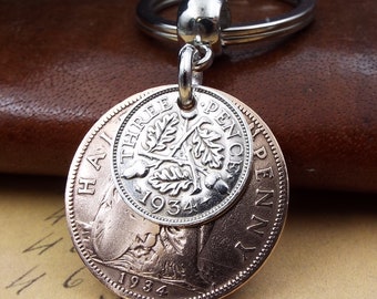 Porte-clés double pièces 3 pence Ha'penny britannique 1934 Royaume-Uni 90e anniversaire cadeau souvenir d'anniversaire porte-clés pour homme femme lui-même recyclage recyclage