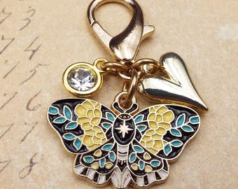 Yellow Floral Enamel Butterfly Golden Heart Coloured Bag Charm Fashion Accessory Large Zip Pull Bag Tag Clip On Fast Dispatch Letterbox Gift