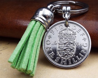 Green Tassle 1964 English Shilling Coin Keyring 60th Birthday Gift Small Sentimental Birth Year Keepsake Present Stocking Filler Him Her UK