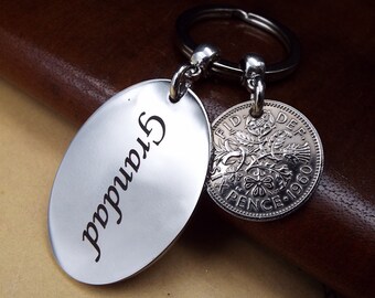 1960 Lucky Sixpence British Coin Keyring Grandad  64th Birthday Gift Metal Keepsake Keychain For Men Grandpa Gramps Removable Charm