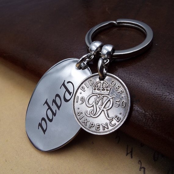 Pappy Keyring PAPA 1950 Lucky Sixpence British Coin Keyring 76th Birthday Gift Metal  Keepsake Keychain For Men Grandpa Gramps Pops Pappy Paps Steel Charm