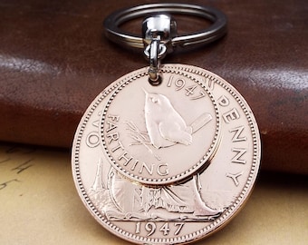 The Original 1947 British Penny Farthing Double Coins Keyring 79th Birthday Gift Birthyear Keepsake