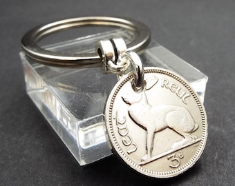 1943 Small Irish 3 Pence Coin Keyring Rabbit Hare Animal Charm 83rd Birthday Gift