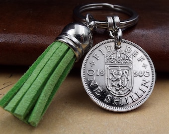 1954 SCOTTISH Shilling Green Tassel Coin Keyring 59th Birthday Gift Idea Military Retirement Anniversary Present Him Her Men Women Upcycled