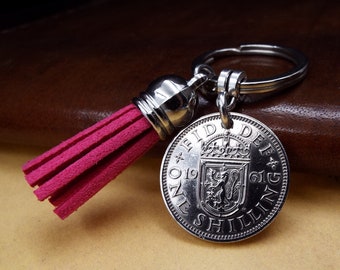 1961 Scottish Shilling Pink Tassel Coin Keyring, Metal Keychain Scottish Souvenir  63rd Birthday Gift Retirement