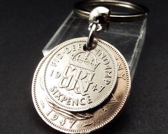 Original 1947 British Sixpence Ha'penny Double Coin Keyring 79th Birthday Gift Small Sentimental Birth Year Keepsake Him Her Men Women UK