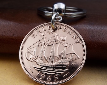 1963 British Ha'penny Half Penny Keyring Bronze Coin 63rd Birthday Gift Dad Grandad Him Her Women Men Vintage Ship Coin Birthyear Born In
