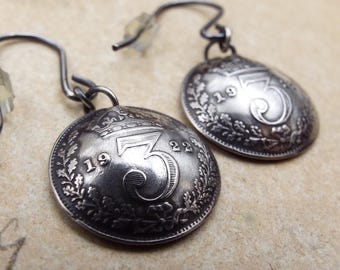 1922 Domed Coin Drop Earrings Genuine .500 Silver Threepence Coins Sterling Silver Ear Wires