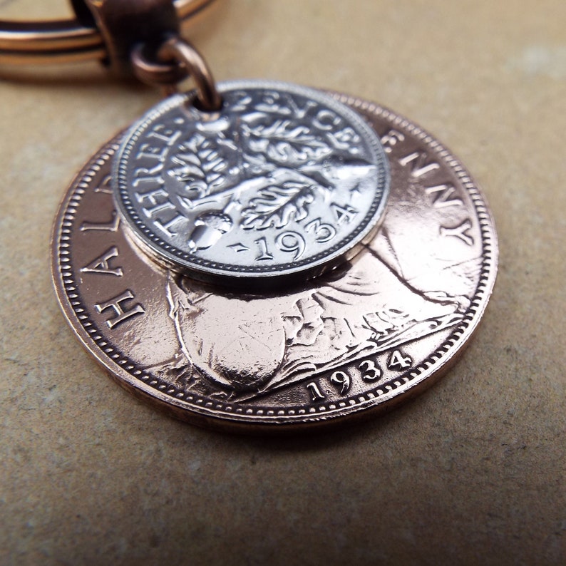 1934 British Threepence Ha'penny Double Coins Keyring UK 90th Birthday Gift Birthyear Keepsake Keyring for Men Women Him Her Upcycle Recycle image 4