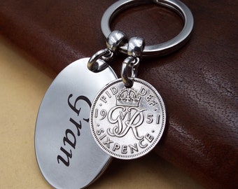 1951 Lucky Sixpence British Coin Keyring GRAN  73rd Birthday Gift Metal Keepsake Keychain For Women Her Grandchildren Gift Made UK