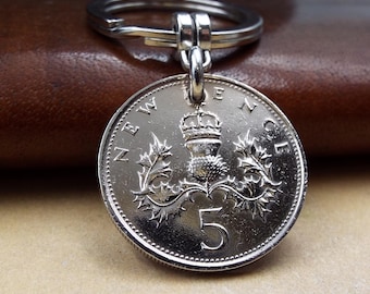 Original 1978 British Five Pence 5p Coin Keyring 48th Birthday Gift Keepsake Idea