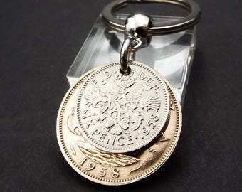 Original 1958 British Sixpence Ha'penny Double Coin Keyring 68th Birthday Gift Small Sentimental Birth Year Keepsake Him Her Men Women UK