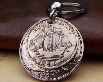 1946 British Penny Ha'penny Double Coins Keyring UK 80th Birthday Gift Birthyear Keepsake Keyring Men Women Fast Dispatch Letterbox Present