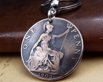 1903 British Penny Keyring Old Antique Vintage Historical Edwardian Collectable Lucky Coin Gift Keychain UK Men Women Him Her Present Idea