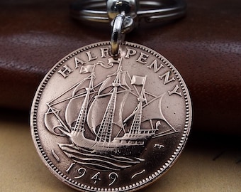 1949 British Ha'penny Bronze Half Penny Coin Keyring 77th Birthday Gift Men Women Him Her Ship House Keys Anniversary Retirement Idea