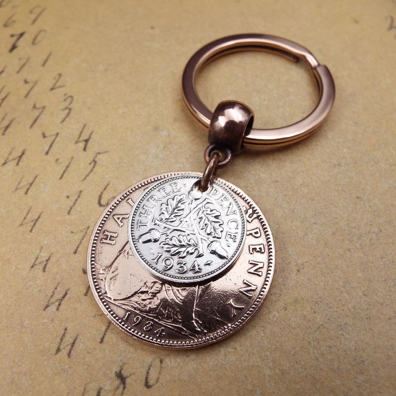 1934 British Threepence Ha'penny Double Coins Keyring UK 90th Birthday Gift Birthyear Keepsake Keyring for Men Women Him Her Upcycle Recycle image 2