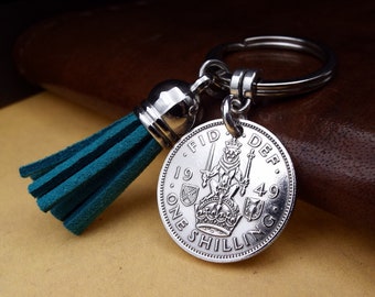 75th Birthday Gift 1949 SCOTTISH Shilling Teal Tassel Coin Keyring, Anniversary Gift,