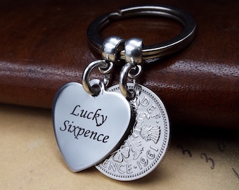 Lucky Sixpence Heart   73rd 63rd Birthday Gift 1961 1951 British Coin Keyring For Men and Women Him Her Good Luck UK Charm Keepsake Keychain