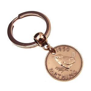 1950 COMPLETE DATE British Farthing Old Vintage Wren Keychain 74th Birthday Gift Genuine Bronze Coin UK image 6