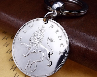 1968 British Ten New Pence 10p Coin Keyring  58th Birthday Gift.  Vintage Upcycled Birth Year Keepsake