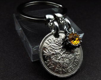 1963 British Sixpence Coin Keyring with TINY Removable YELLOW Glass Pendant Charm 61st Birthday Gift Mum Sister Women Ladies Present Idea UK
