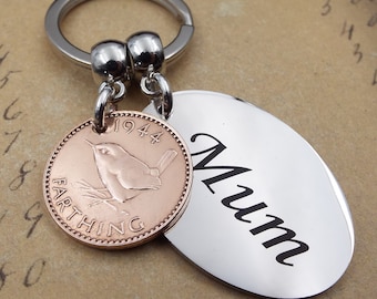 1944 Farthing MUM Keyring 80 cumpleaños regalo presente idea año de nacimiento moneda de bronce reciclado vintage día de las madres recuerdo mujeres su reciclaje del Reino Unido