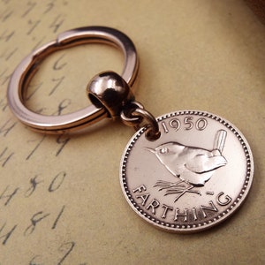 1950 COMPLETE DATE British Farthing Old Vintage Wren Keychain 74th Birthday Gift Genuine Bronze Coin UK image 2