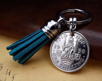1950 Scottish Shilling Teal Tassel Coin Keyring,  76th Birthday Gift